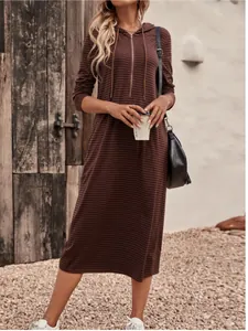 Casual brown striped hooded midi dress with quarter-zip detail and long sleeves