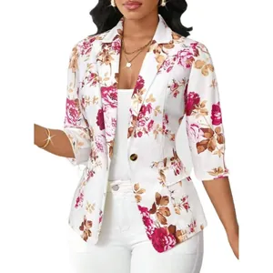 Stylish women floral print blazer with three-quarter sleeves on white background