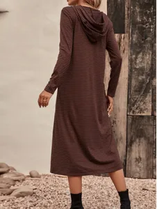 Detailed back view of a casual brown striped hooded long sleeve midi dress for autumn