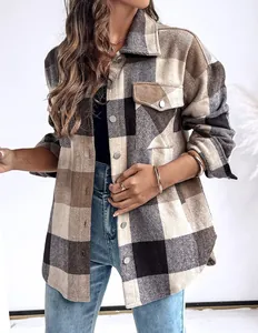 Dames geruite blouse met reverskraag, enkelrijige knopen en dikke warme lange mouwen