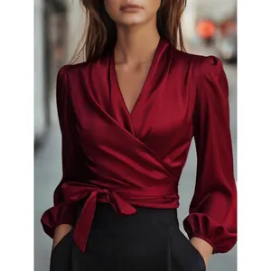 Women Elegant V Neck Satin Blouse Lantern Long Sleeve Wrap Tie Waist Top Solid Color Urban Commute Fashion Shirt