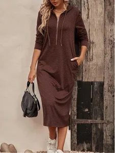 Detailed view of women's autumn striped hooded long sleeve slim fit maxi dress features