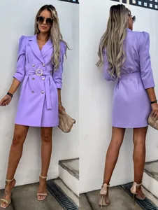 Front and back views of a stylish purple double-breasted blazer dress with belted waist.