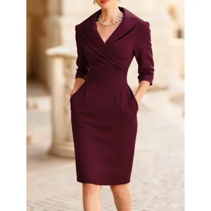 Elegant burgundy V-neck midi dress with three-quarter sleeves and slim waist design.