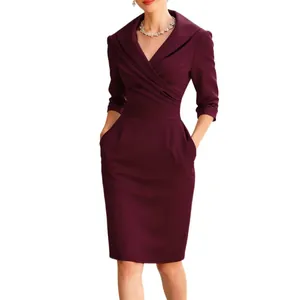 Elegant burgundy wrap dress featuring a pleated V-neck slim-fit cinched waist and pockets