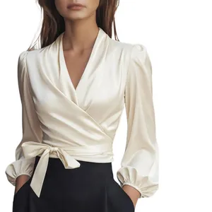Elegant champagne V-neck satin wrap blouse with waist tie and lantern sleeves for women