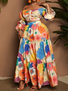 Plus Size Women Floral Print Two Piece Set Off Shoulder Puff Sleeve Top And Tiered Maxi Skirt Elegant Boho Vacation Outfit