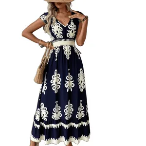 Robe longue bohème bleu marine à col en V et taille haute élégante pour femmes chic