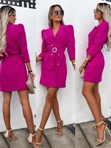Elegant magenta double-breasted blazer dress with puff sleeves and belted waist details