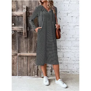Casual black and white striped hooded long-sleeve midi dress featuring a front zipper