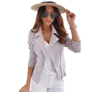 Veste courte cintrée en suédine pour femme style motard avec revers et fermeture éclair