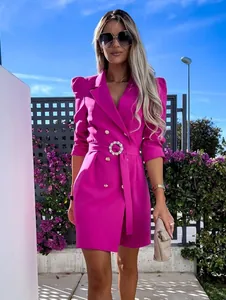 Vibrant hot pink blazer dress with puff sleeves and a rhinestone buckle belt for women