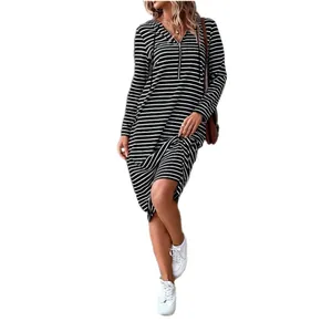 Fashionable black and white striped hooded long sleeve midi dress with zipper detail