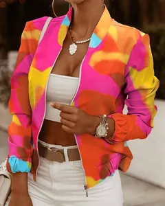 Giacca da donna molto colorata con zip e stampa a motivi astratti a maniche lunghe