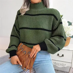 Close-up of green and black striped mock-neck knit sweater with stylish lantern sleeves.
