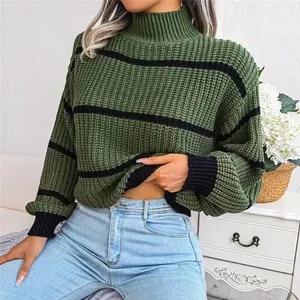Casual green and black striped mock neck knit sweater featuring elegant lantern sleeves for women