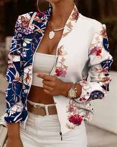 Elegante giacca bomber da donna con stampa floreale, maniche lunghe e zip, blu
