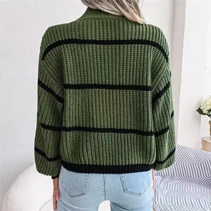 Back view of women's olive green striped mock neck knit sweater with lantern sleeves