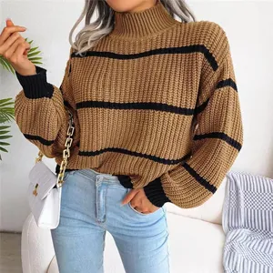 Close-up of a brown striped lantern sleeve knit sweater for casual autumn style