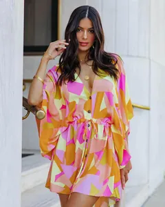 Robe chemise courte à imprimé géométrique coloré, col en V et taille coulissante