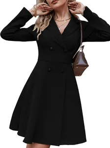 Detail shot of elegant black double-breasted long sleeve dress jacket with waist fit.