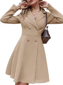 Elegant khaki double-breasted long sleeve coat dress for women in autumn and winter