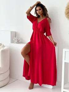 Sexy red V-neck maxi dress with elegant cut-out shoulders and high side split