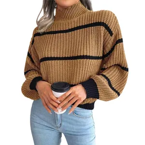 Casual striped lantern sleeve mock neck knitted pullover sweater for women in brown.