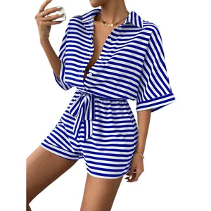 Stylish blue and white horizontal striped summer romper with shirt collar and tie waist