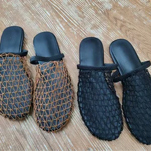 Summer hollow mesh woven pointed-toe flat slippers in black and tan