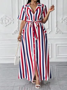 Close-up of the red, white, and blue vertical striped pattern and belt on the maxi dress.