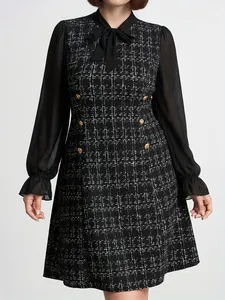 Women Plus Size Elegant Tweed Texture Dress Tie Bow Round Neck Mesh Lantern Sleeve Double Breasted Button Short Dress