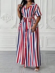Detailed view of red, white, and blue striped Polo collar maxi dress with waist tie