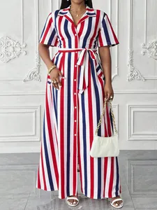 Detailed view of a red, blue, and white vertical striped Polo collar maxi dress