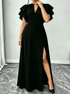 Women Plus Size V Neck Ruffle Sleeve Maxi Dress Elegant Solid Color High Slit Summer Vacation Party Long Dress