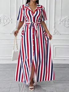 Elegant detail of a striped maxi dress featuring a polo collar and belted waist in red white blue