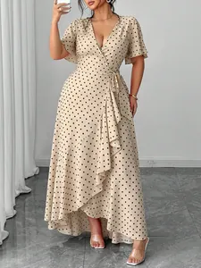 Elegant beige polka dot wrap maxi dress featuring V-neck and ruffled hem detail