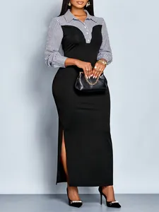 Κομψό μαύρο bodycon midi φόρεμα για γυναίκες με ριγέ γιακά πουκάμισου και μακριά μανίκια