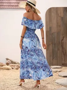 Back view of summer off-shoulder tropical floral maxi dress with ruffle and tie-waist