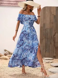 Elegant off-the-shoulder tropical leaf print maxi dress with ruffle detail and high slit