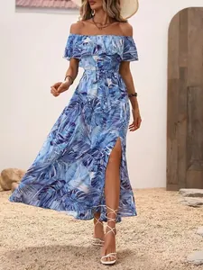 Elegant off-the-shoulder blue tropical leaf print maxi dress with ruffles and side slit