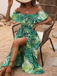 Tropical palm leaf print off-shoulder maxi dress with ruffles and a sexy high slit detail.