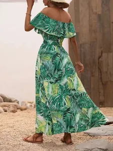 Back view of a summer off-shoulder ruffle maxi dress with tropical green leaf print
