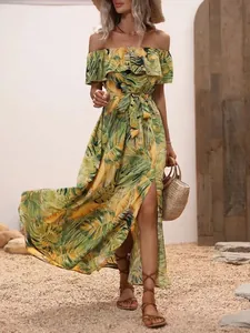 Summer tropical leaf print off-the-shoulder maxi dress with ruffles and a side slit