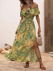 Off-shoulder tropical palm leaf print maxi dress with ruffle detail and waist tie