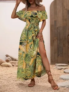 Tropical leaf print off-the-shoulder maxi dress with high slit and ruffle detail