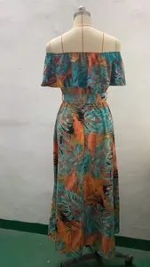 Back view of a summer off-the-shoulder ruffled maxi dress with tropical leaf print