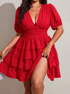 Detailed view of red plus size V-neck tiered ruffle short dress with puff sleeves