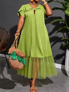 Women Plus Size Midi Dress Mesh Hem Stitching V Neck Tie Short Sleeve Solid Color Summer Fashion Vacation Dress