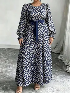 Elegant leopard print maxi dress featuring round neck and navy blue waist tie belt